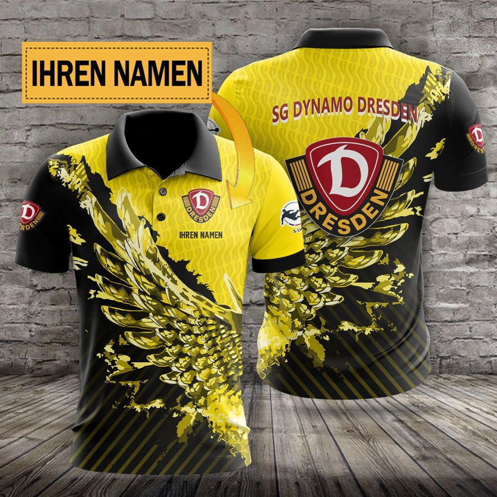 SG Dynamo Dresden Poloshirt mit individuellem Namen Flügel Design Gelb