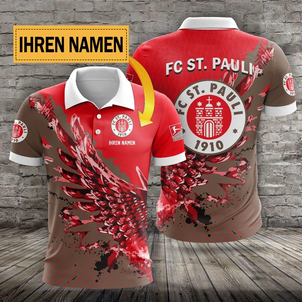 FC St. Pauli Poloshirt mit individuellem Namen Flügel Design Braun