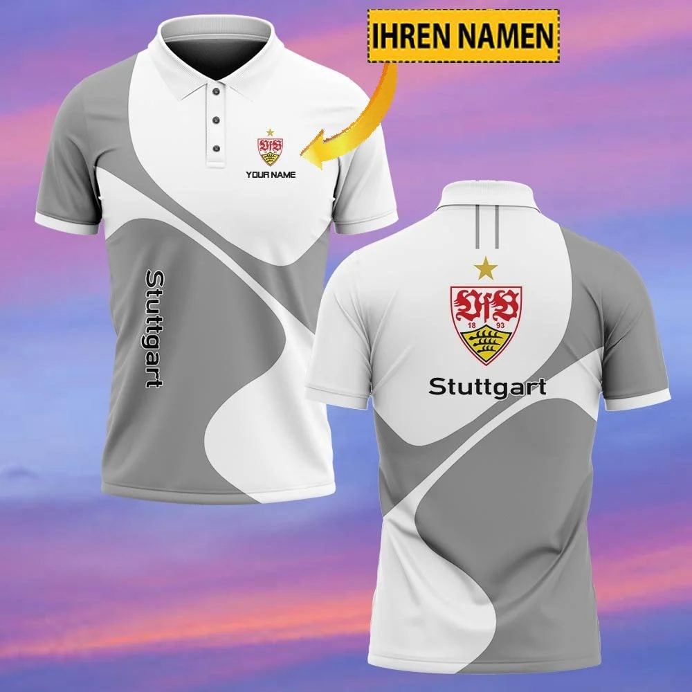 VfB Stuttgart Poloshirt mit individuellem Namen Neuer Stil Grau