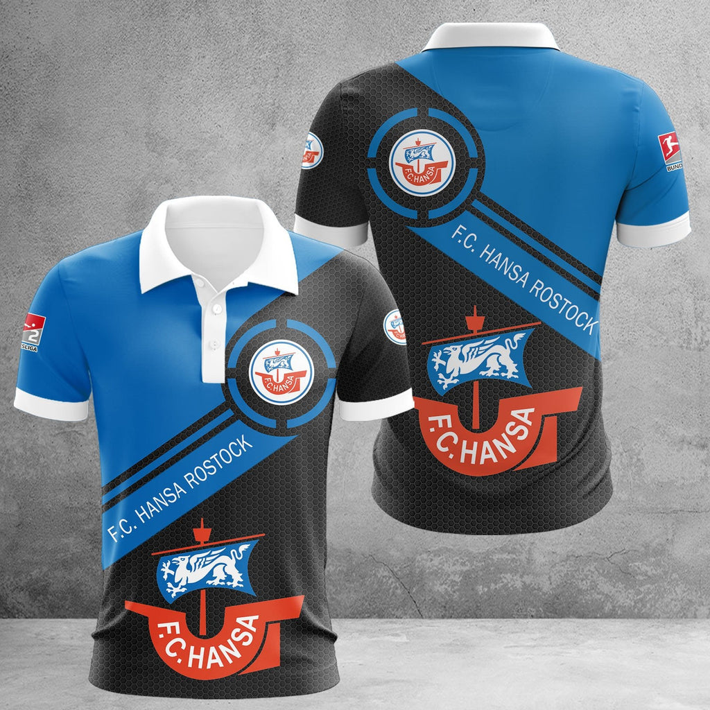 F.C. Hansa Rostock Poloshirt Runde Waben Design Blau Schwarz