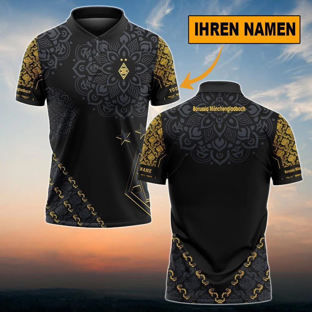 Borussia Mönchengladbach Poloshirt Blumen Design Vollflächig Bedruckt mit individuellem Namen Schwarz