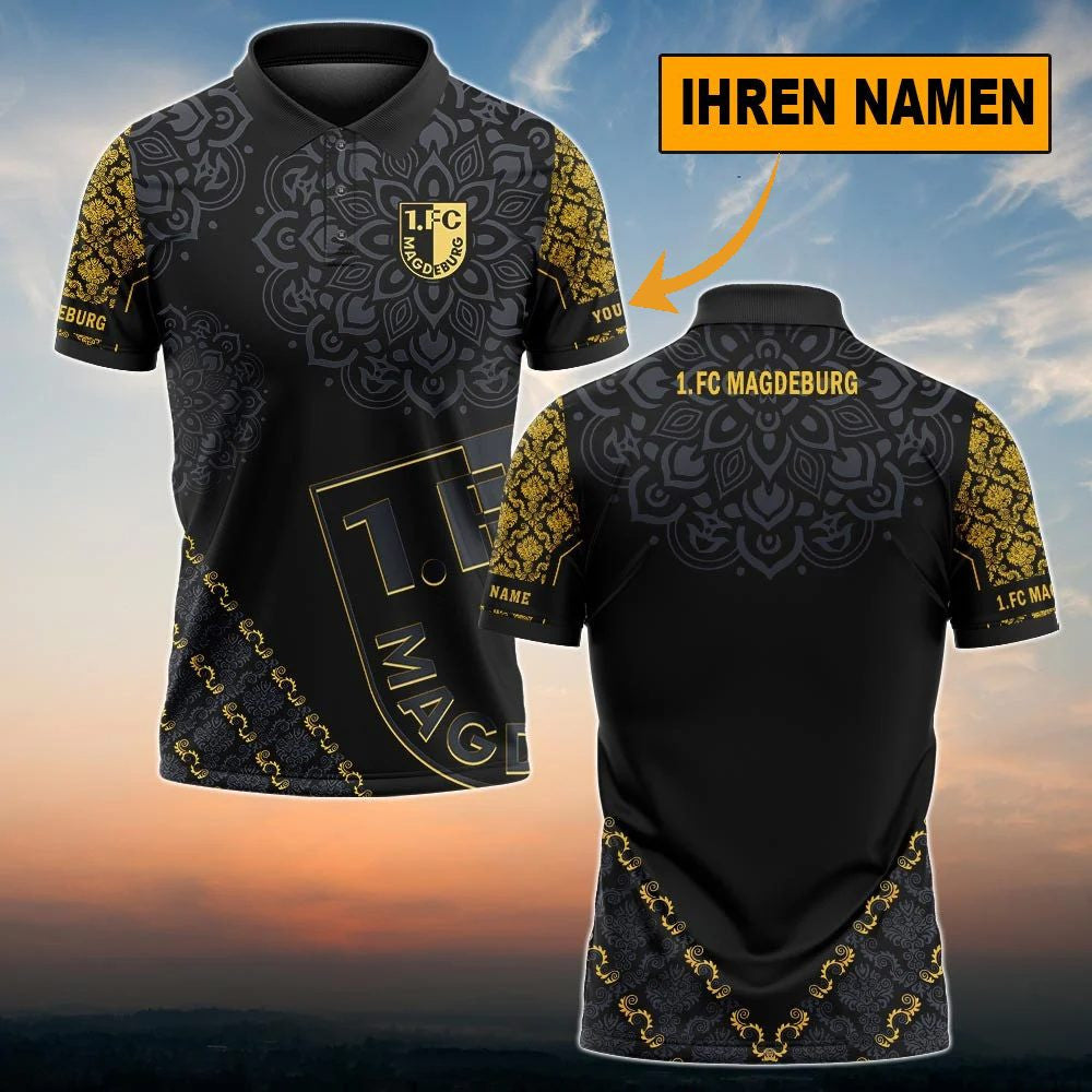 FC Magdeburg Poloshirt Blumen Design Vollflächig Bedruckt mit individuellem Namen Schwarz