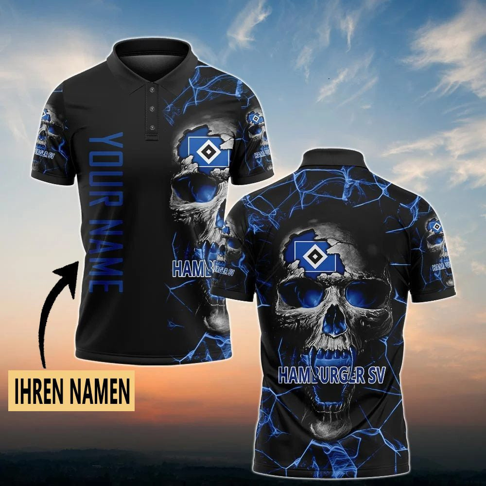 Hamburger SV Poloshirt Schädel Design mit individuellem Namen Vollflächig Bedruckt Schwarz