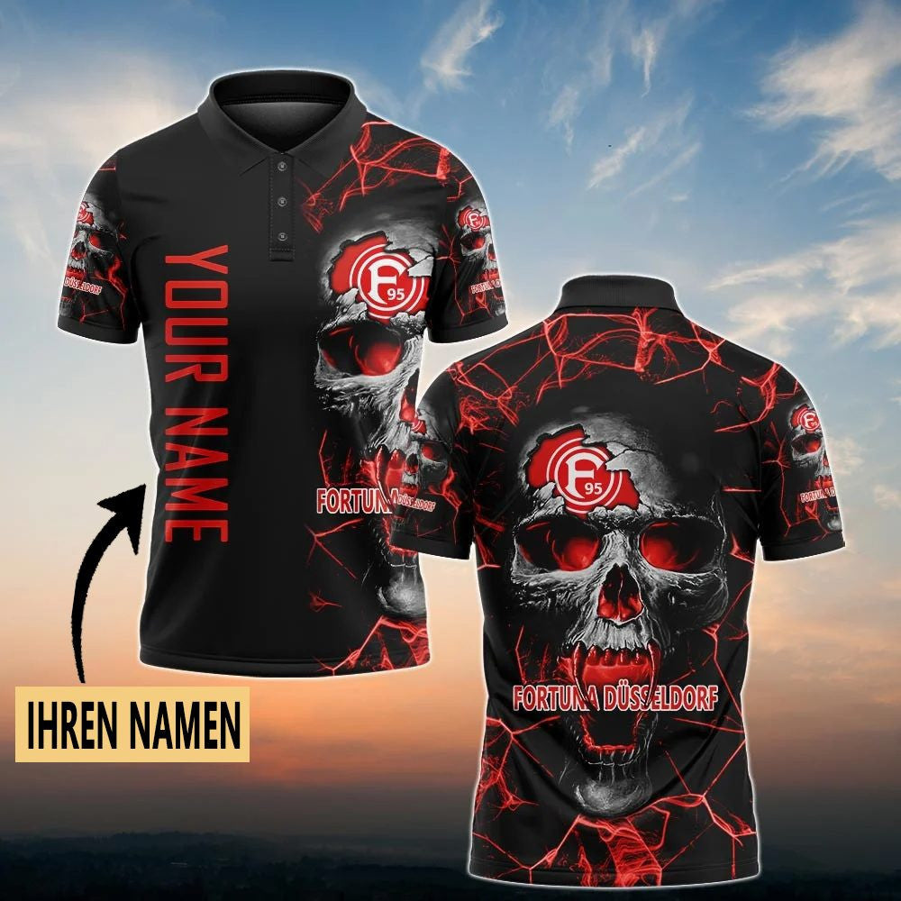 Fortuna Düsseldorf Poloshirt Schädel Design mit individuellem Namen Vollflächig Bedruckt Schwarz