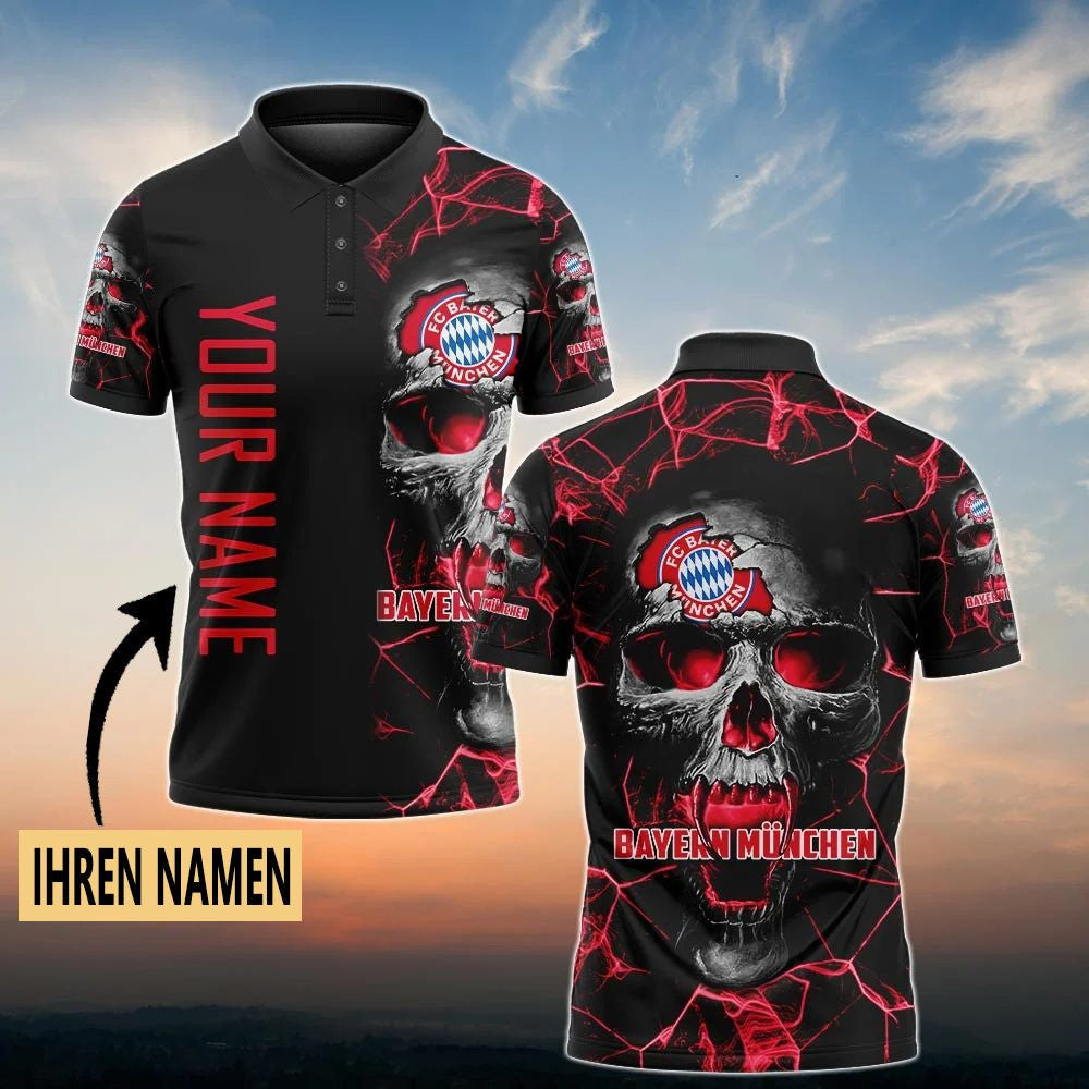 Bayern München Poloshirt Schädel Design mit individuellem Namen Vollflächig Bedruckt Schwarz