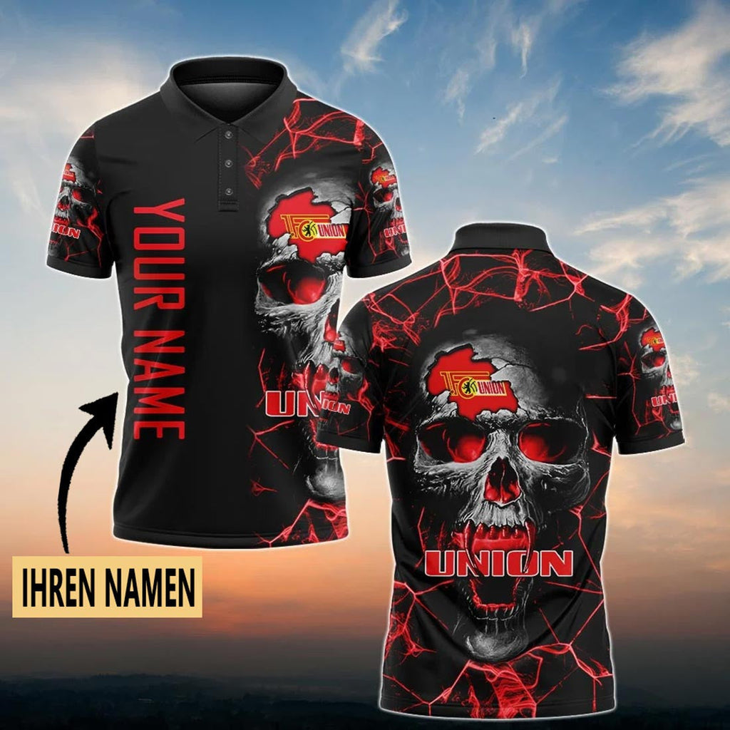 FC Union Berlin Poloshirt Schädel Design mit individuellem Namen Vollflächig Bedruckt Schwarz