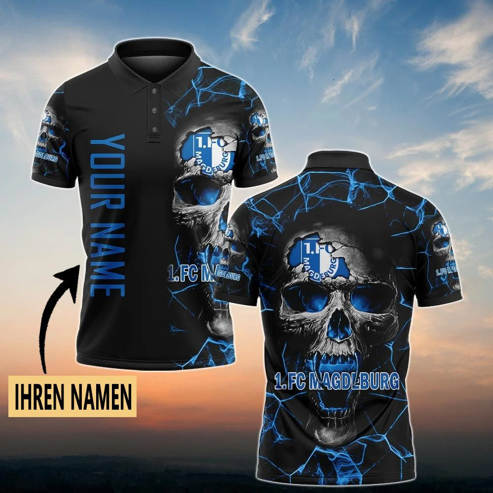 FC Magdeburg Poloshirt Schädel Design mit individuellem Namen Vollflächig Bedruckt Schwarz