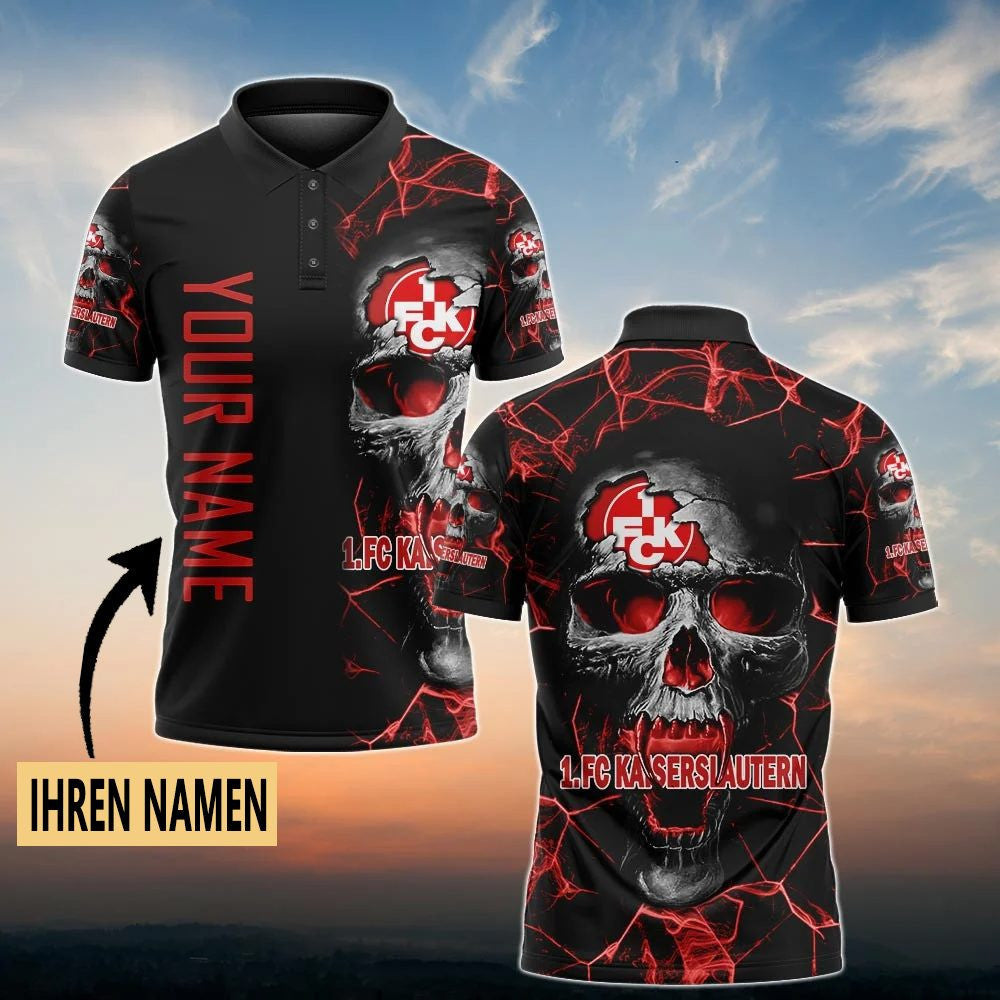 FC Kaiserslautern Poloshirt Schädel Design mit individuellem Namen Vollflächig Bedruckt Schwarz