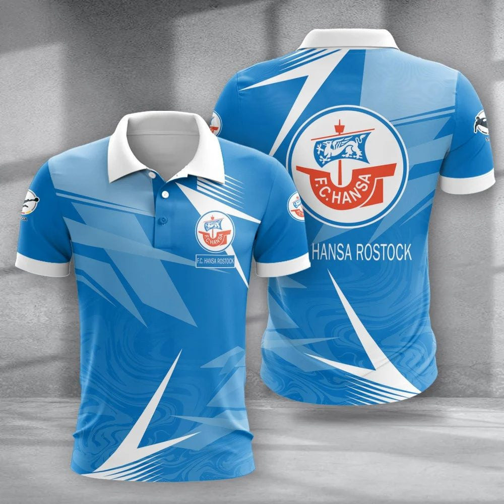 FC Hansa Rostock Poloshirt Batik Design Vollflächig Bedruckt Blau