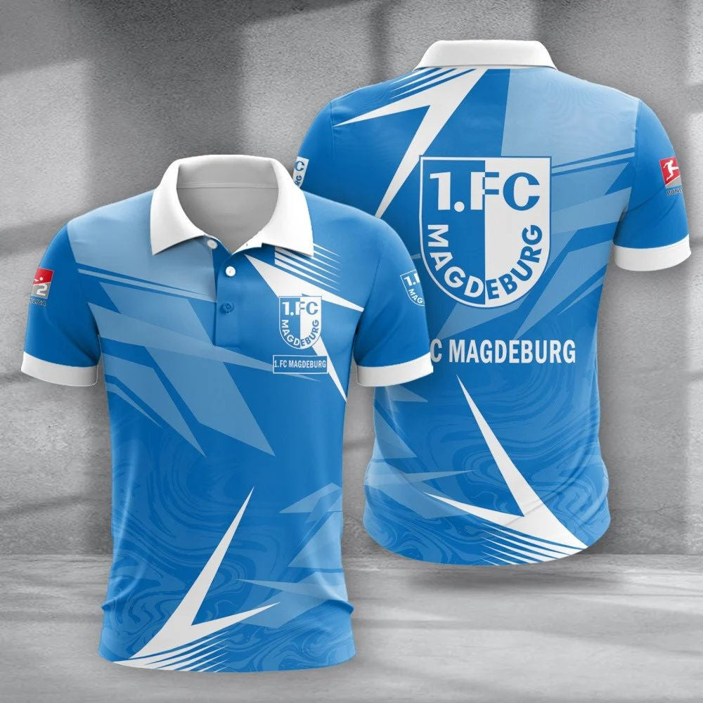 FC Magdeburg Poloshirt Batik Design Vollflächig Bedruckt Blau
