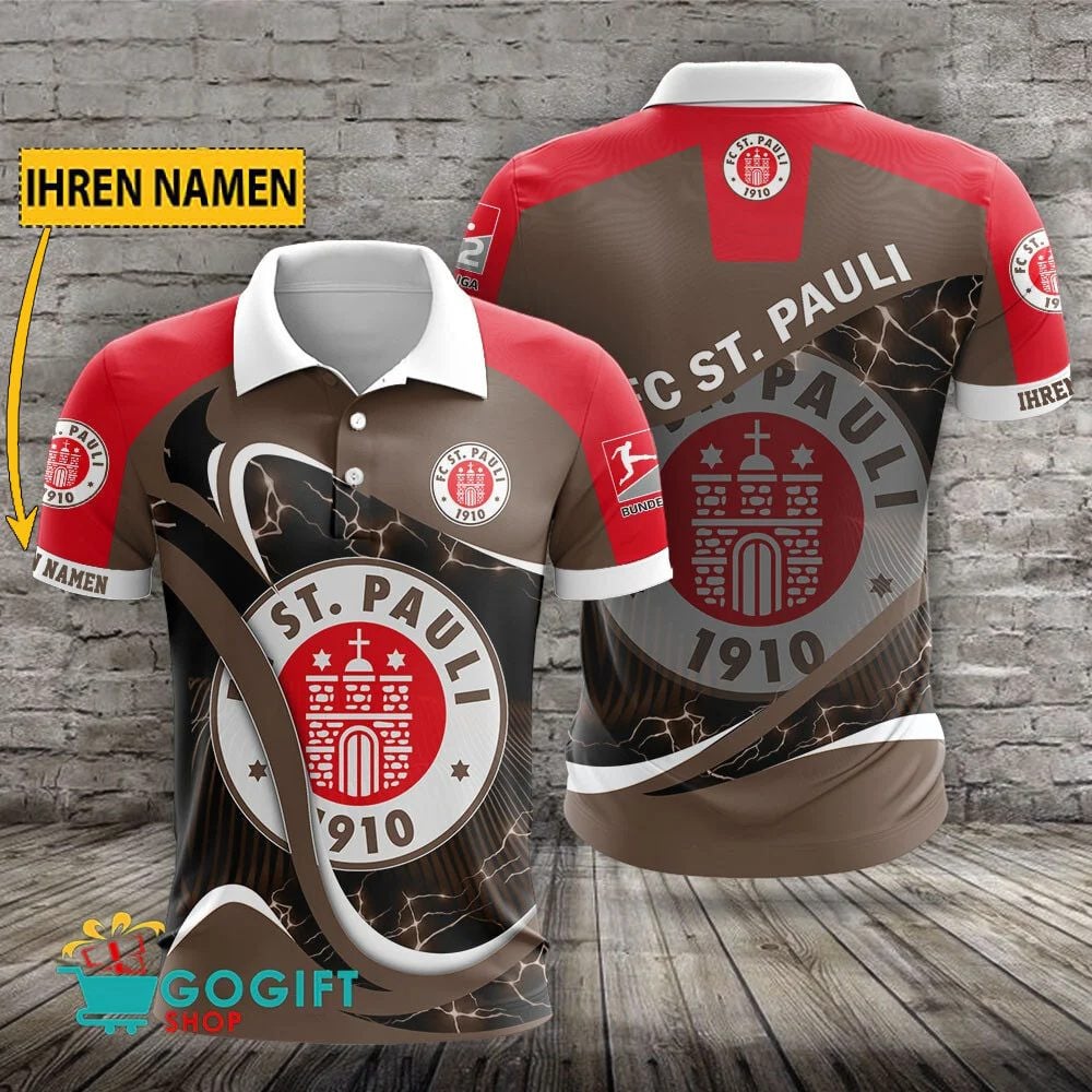 FC St. Pauli Poloshirt Sportliches Weiche Kurven Design mit individuellem Namen Braun