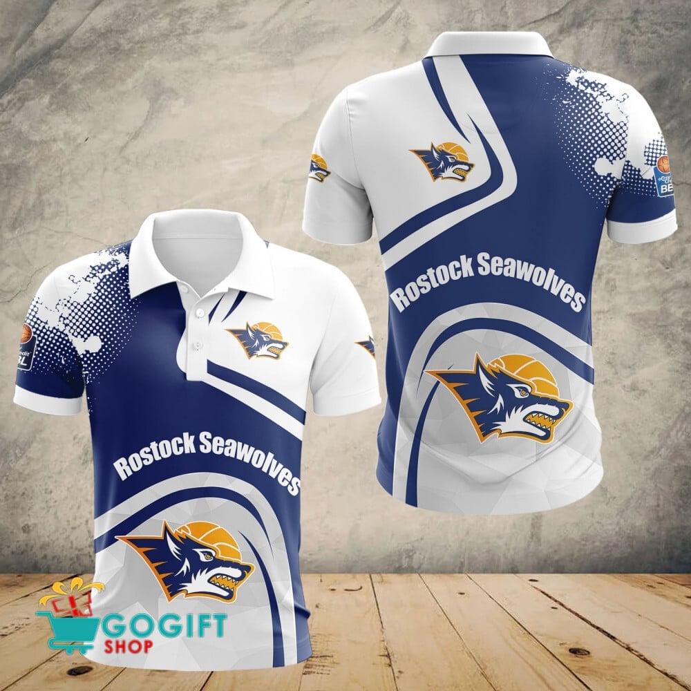 Rostock Seawolves Poloshirt Schulter Farbspritzer Design Teamfarben