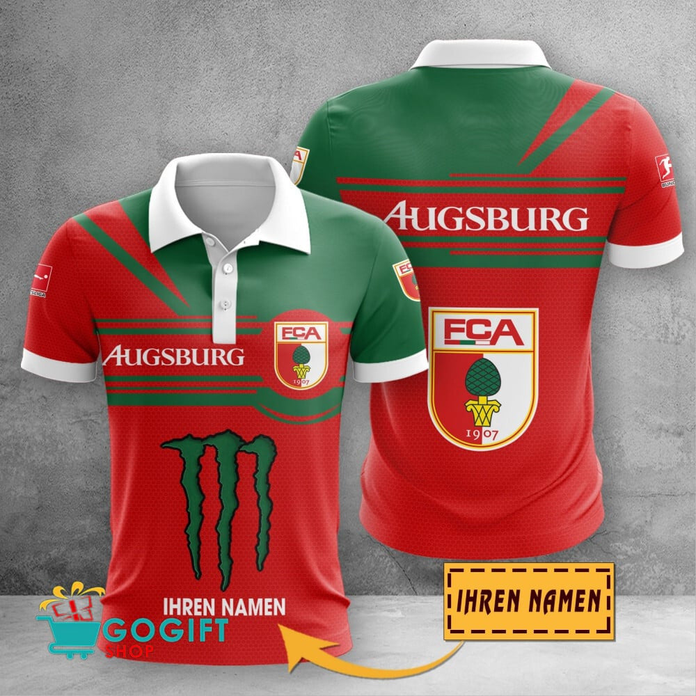 FC Augsburg Poloshirt Zusammenarbeit mit Monster Energy mit individuellem Namen