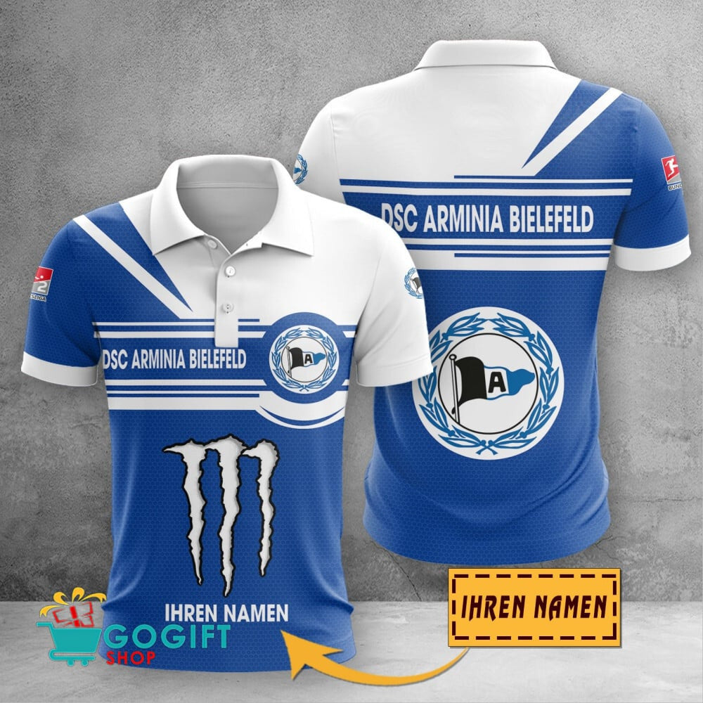 Arminia Bielefeld Poloshirt Zusammenarbeit mit Monster Energy mit individuellem Namen