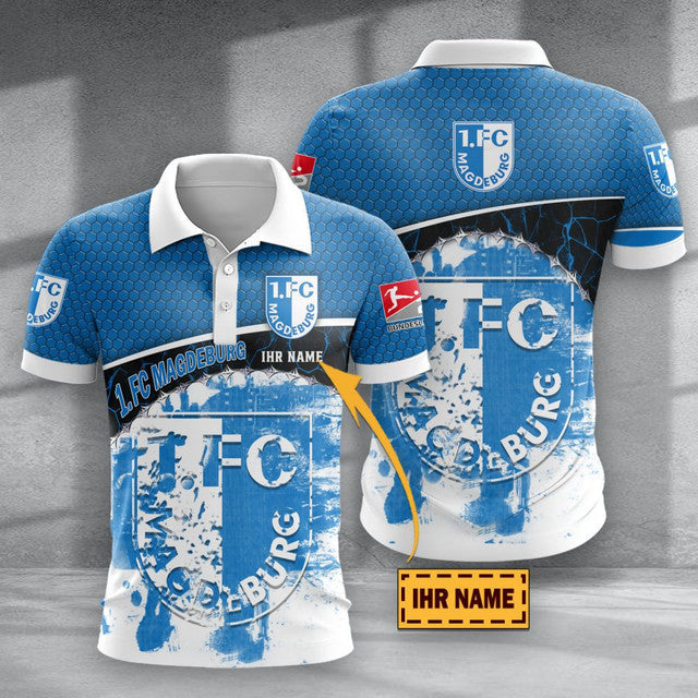 FC Magdeburg Poloshirt mit individuellem Namen Hexagon Schuppen Design