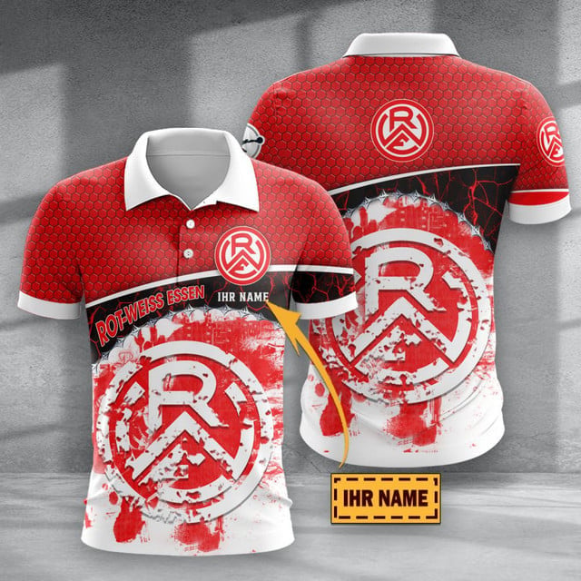 Rot Weiss Essen Poloshirt mit individuellem Namen Hexagon Schuppen Design